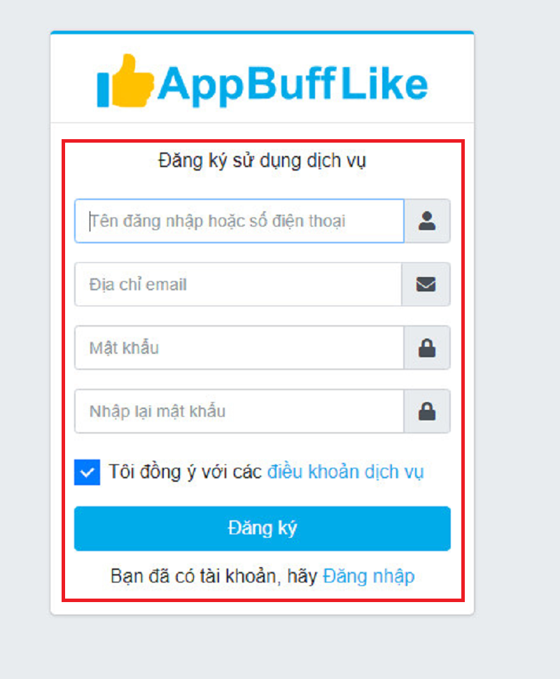 Đăng ký tài khoản tại AppBufflike