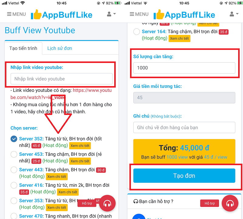 dán link và tạo đơn