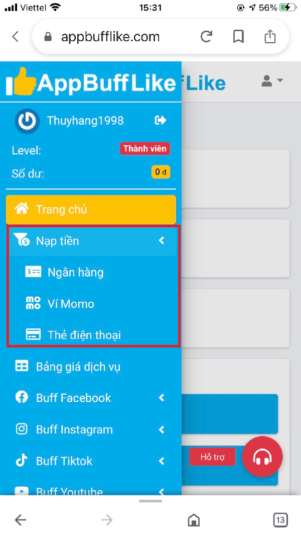 Nạp tiền vào tài khoản