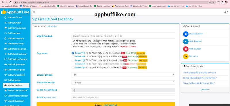 Dịch vụ Vip like bài viết facebook tại Appbufflike.com