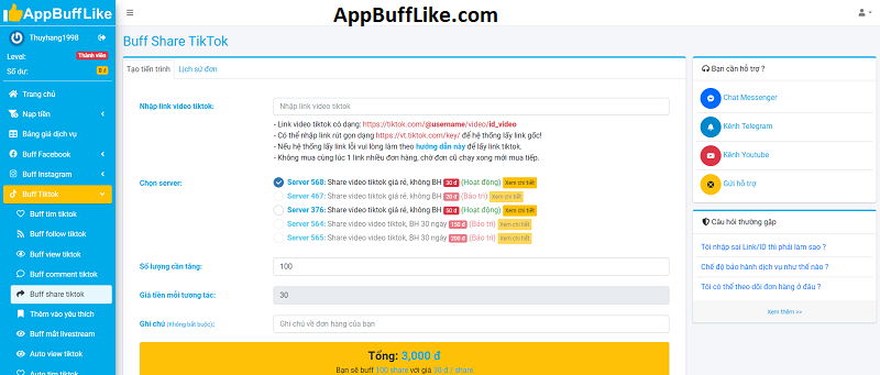 Dịch vụ buff share video tiktok